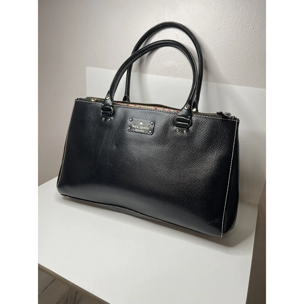 Kate Spade New York Black Pebble Leather Zipper Tote Bag Classic Purse Polka Dot